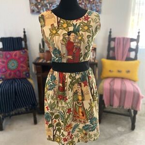 Frida Kahlo Floral Print Dress with Black Waistband